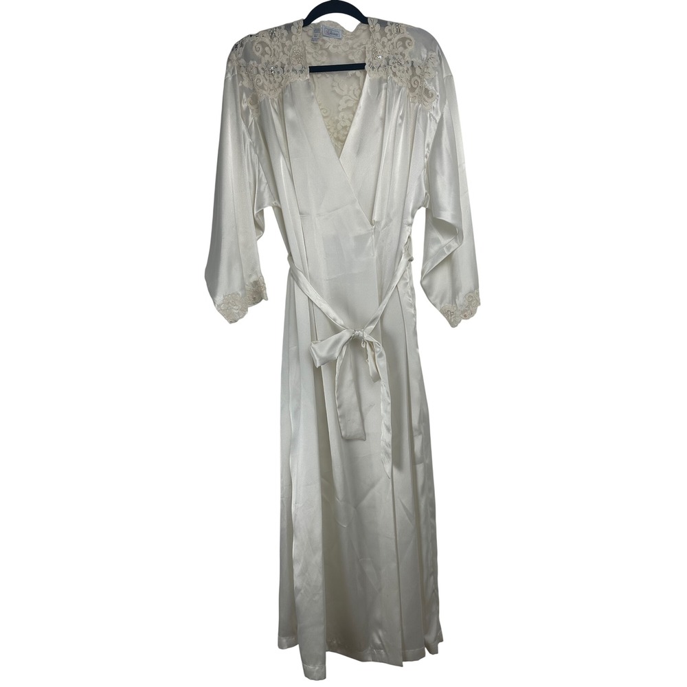 Etienne Vintage Ivory Satin Lace Long Robe Bridal Boudoir Sequin Trim Small